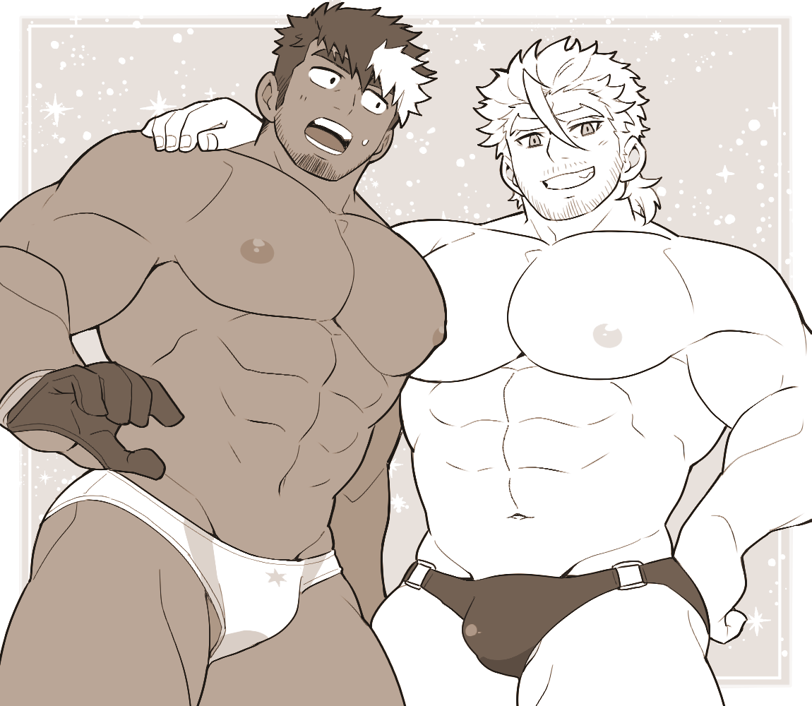 2boys abs andrew_(live_a_hero) aopanda bara beard_stubble bulge dark-skinned_male dark_skin facial_hair gloves greyscale grin hair_between_eyes hair_slicked_back half_gloves large_pectorals lilac_(live_a_hero) live_a_hero looking_at_another looking_at_viewer male_focus male_swimwear monochrome multicolored_hair multiple_boys muscular muscular_male mustache_stubble nipples o-ring o-ring_swimsuit open_mouth pectorals short_hair smile stubble sweatdrop swim_briefs swimsuit thick_eyebrows two-tone_hair
