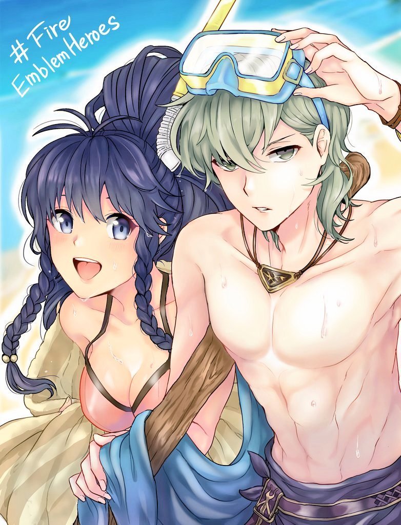 1boy 1girl abs akina_(akn1819) blue_eyes blue_hair bracelet braid breasts brother_and_sister cleavage collarbone copyright_name couple fire_emblem fire_emblem:_the_sacred_stones fire_emblem_heroes flag goggles goggles_on_head green_eyes green_hair hetero incest innes_(fire_emblem) jewelry long_hair looking_at_viewer medium_breasts necklace nintendo open_mouth ponytail short_hair siblings smile snorkel swimsuit tana_(fire_emblem) topless_male towel twin_braids upper_body wet