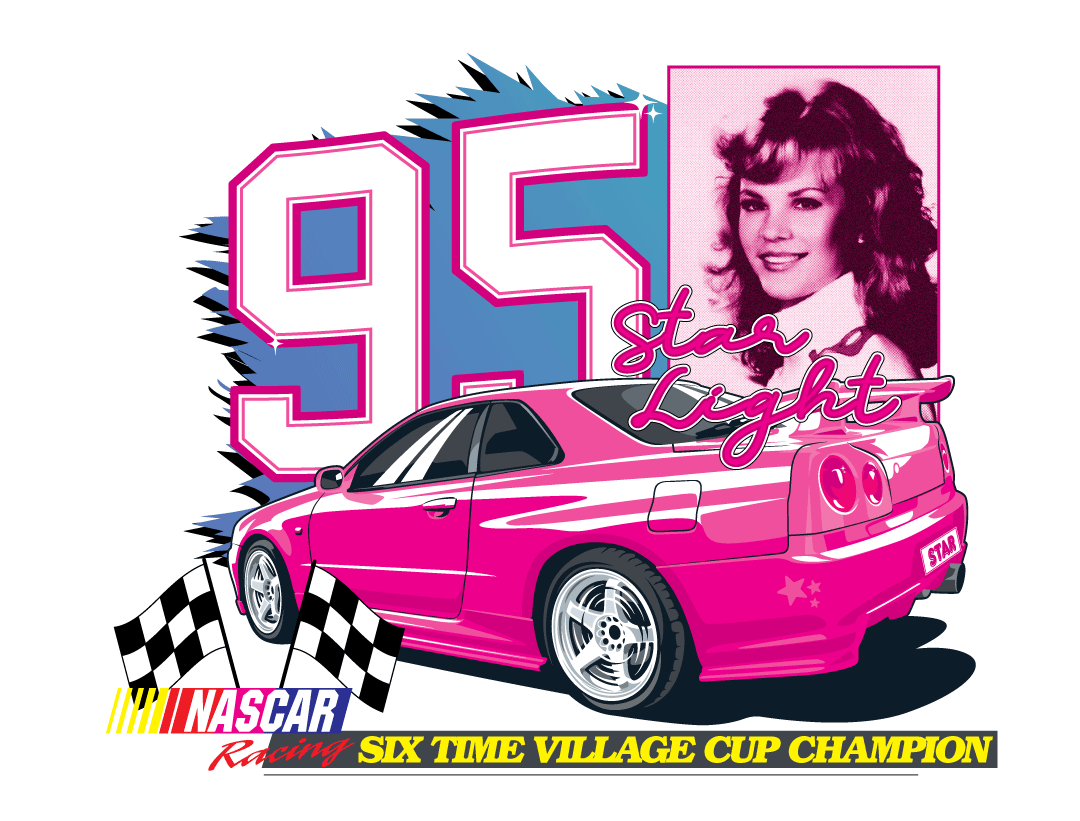 1girl adobe_illustrator_(medium) car commentary english_commentary eva_pishalski logo motor_vehicle nascar nissan_skyline nissan_skyline_gt-r nissan_skyline_r34 original parted_lips photo_inset photoshop_(medium) pink_car shadow smile spoiler_(automobile) sports_car vehicle_focus