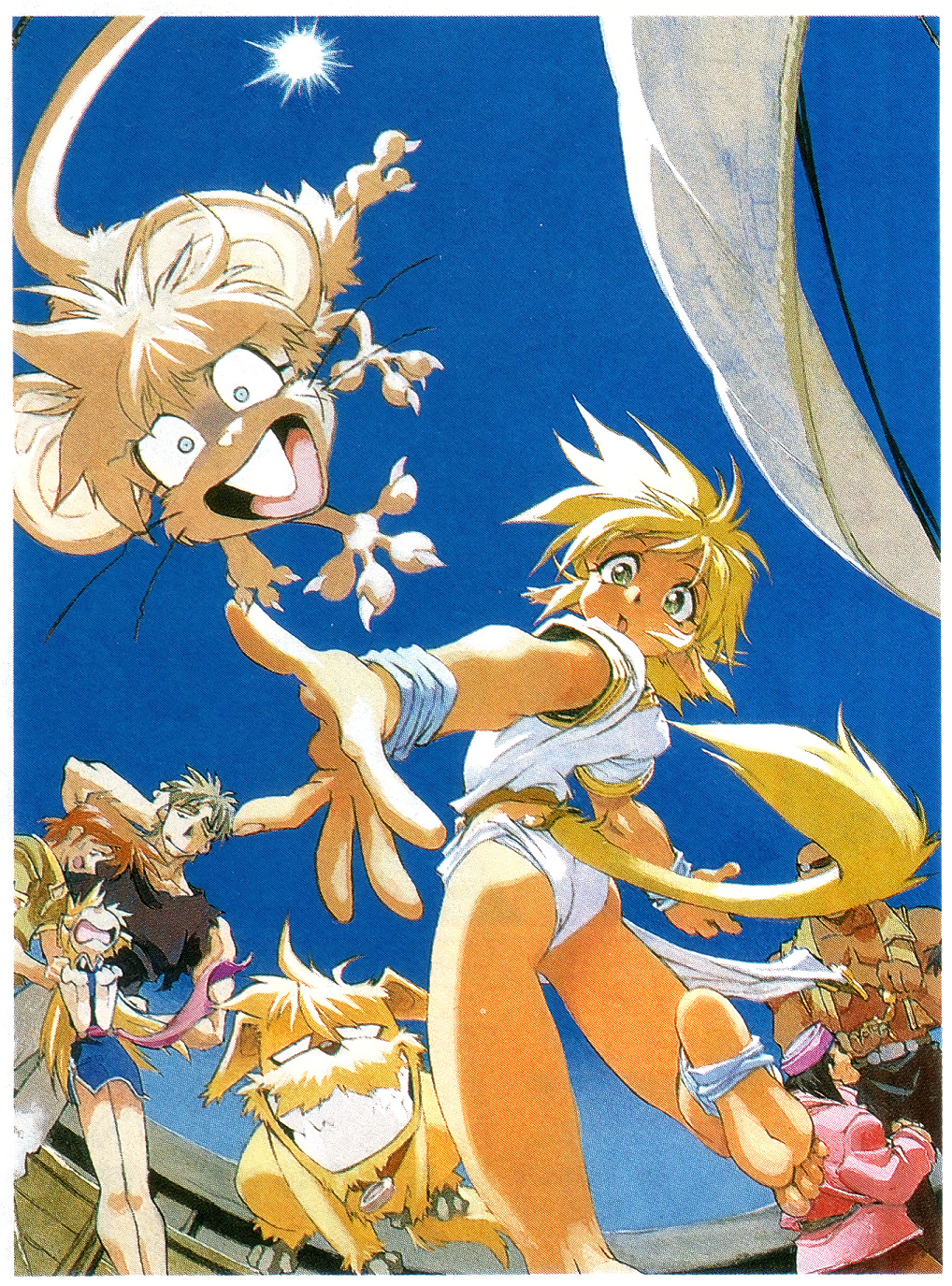 2boys 2girls 2others animal_ear_fluff ass blonde_hair blue_sky boat border cat_girl cat_tail chasing dog evil_grin evil_smile falling fam_(ruin_explorers) fisheye gil_(ruin_explorers) grin highres hikyou_tanken_fam_&amp;_ihrie ihrie ihrie_(mouse) long_hair lyle_(ruin_explorers) magazine_scan miguel_(ruin_explorers) mouse_(animal) multiple_boys multiple_girls multiple_others newtype official_art outdoors pointy_ears rasha_(ruin_explorers) revealing_clothes scan ship_deck short_hair sky smile sun tail tanaka_kunihiko thighs watercraft white_border