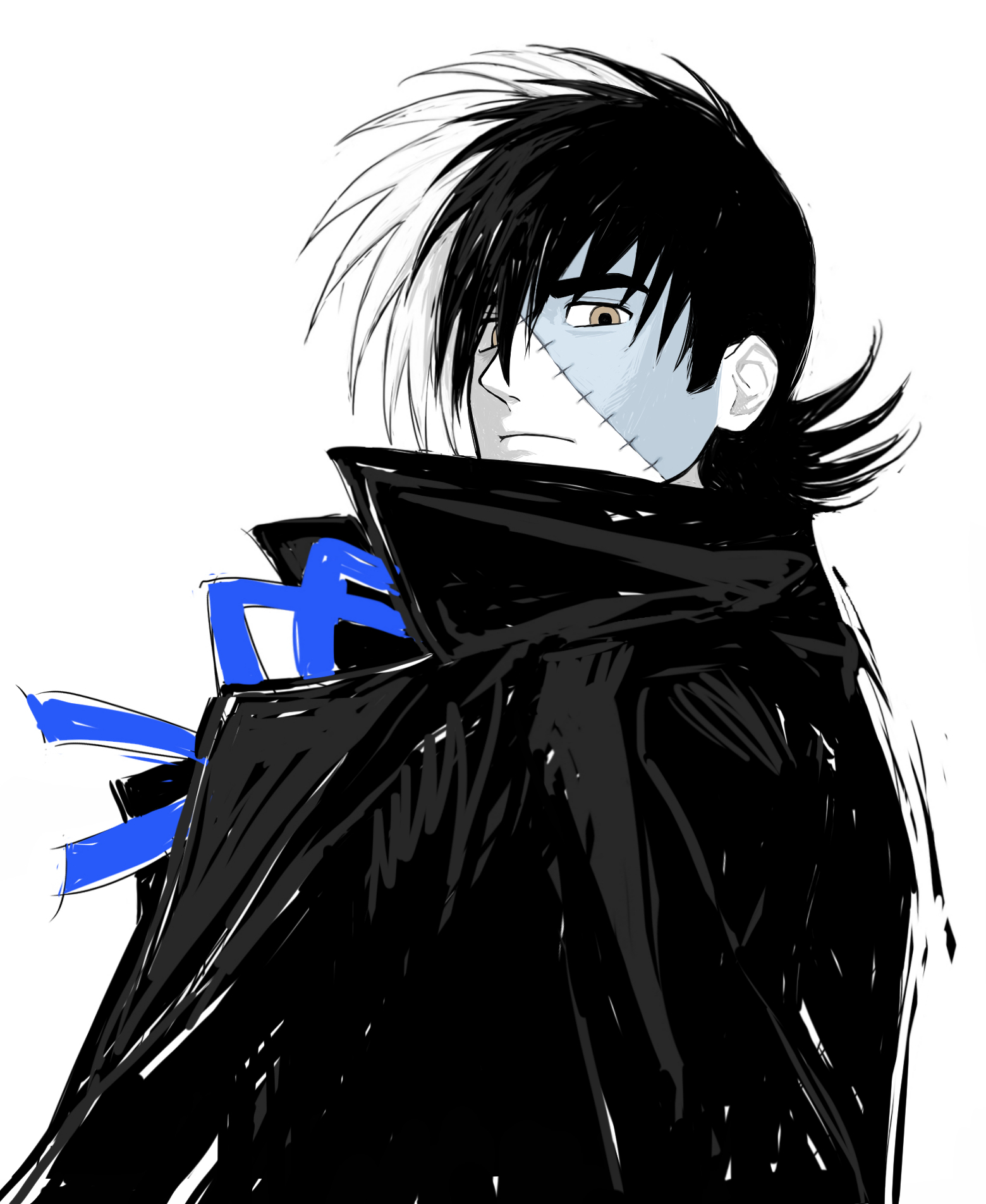 1boy black_coat black_hair black_jack_(character) black_jack_(series) blue_ribbon brown_eyes closed_mouth coat frown hair_over_one_eye highres long_sideburns looking_at_viewer male_focus multicolored_hair neck_ribbon patchwork_skin ribbon scar scar_on_face short_hair sideburns simple_background solo split-color_hair thick_eyebrows tiry_235 two-tone_hair upper_body white_background white_hair
