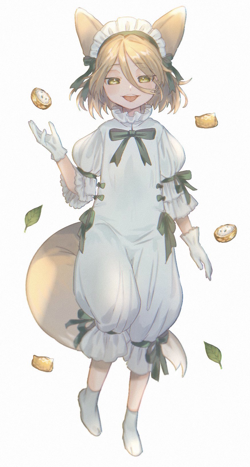 1girl animal_ears blonde_hair blush bow commentary_request eyes_visible_through_hair food fox_ears fox_tail gloves green_bow green_ribbon grey_romper grey_socks hair_between_eyes hand_up highres kudamaki_tsukasa kuzumiya_yuyu leaf looking_at_viewer maid_headdress no_shoes open_mouth puffy_short_sleeves puffy_sleeves ribbon romper short_hair short_sleeves simple_background smile socks solo standing tail teeth tongue touhou white_background white_gloves white_romper yellow_eyes