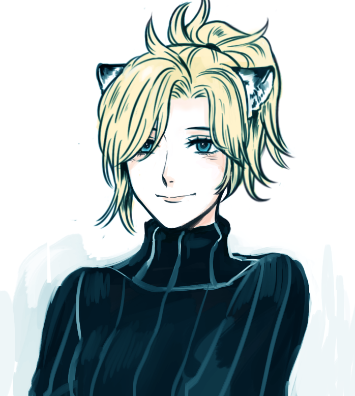 1girl animal_ears bad_id bad_twitter_id black_sweater blonde_hair blue_eyes bosong_beoseot closed_eyes eyelashes female_focus hair_ornament hair_over_one_eye hair_tie kemonomimi_mode long_sleeves mercy_(overwatch) overwatch overwatch_1 ponytail ribbed_sweater simple_background smile solo sweater tiger_ears white_background