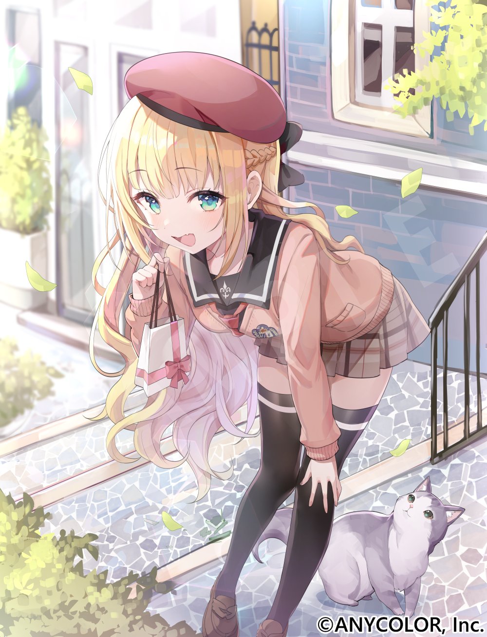 bag beret black_sailor_collar black_thighhighs blonde_hair braid brown_skirt cardigan cat commentary_request copyright_name falling_leaves fang full_body gradient_hair green_eyes half_up_braid hand_on_own_knee hat highres holding holding_bag leaf leaning_forward long_hair looking_at_viewer misyune mononobe_alice multicolored_hair neckerchief nijisanji official_art open_mouth outdoors pink_cardigan pink_hair plaid_clothes plaid_skirt pleated_skirt red_neckerchief sailor_collar school_uniform skirt smile thighhighs virtual_youtuber wavy_hair zettai_ryouiki