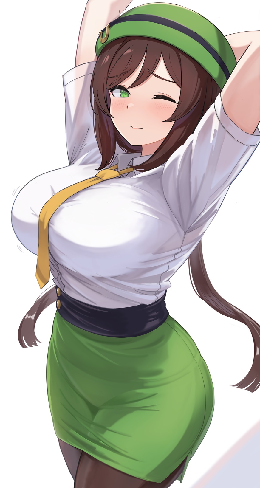 1girl blush breasts closed_mouth commentary_request enumiyaa green_eyes green_skirt hat hayakawa_tazuna highres horse_girl large_breasts long_hair looking_at_viewer necktie one_eye_closed pantyhose pencil_skirt ponytail skirt solo stretching umamusume white_background
