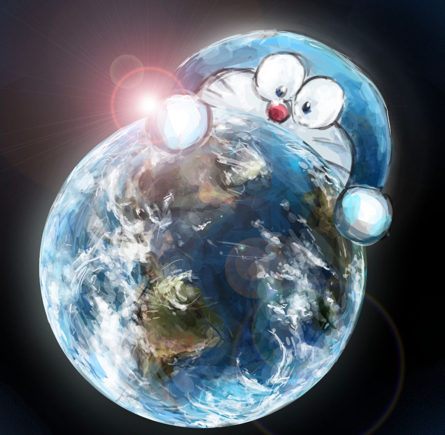 1boy doraemon doraemon_(character) earth_(planet) giant holding_planet looking_at_viewer mochizuki_tagosaku no_humans planet red_nose solo space sun_glare whiskers