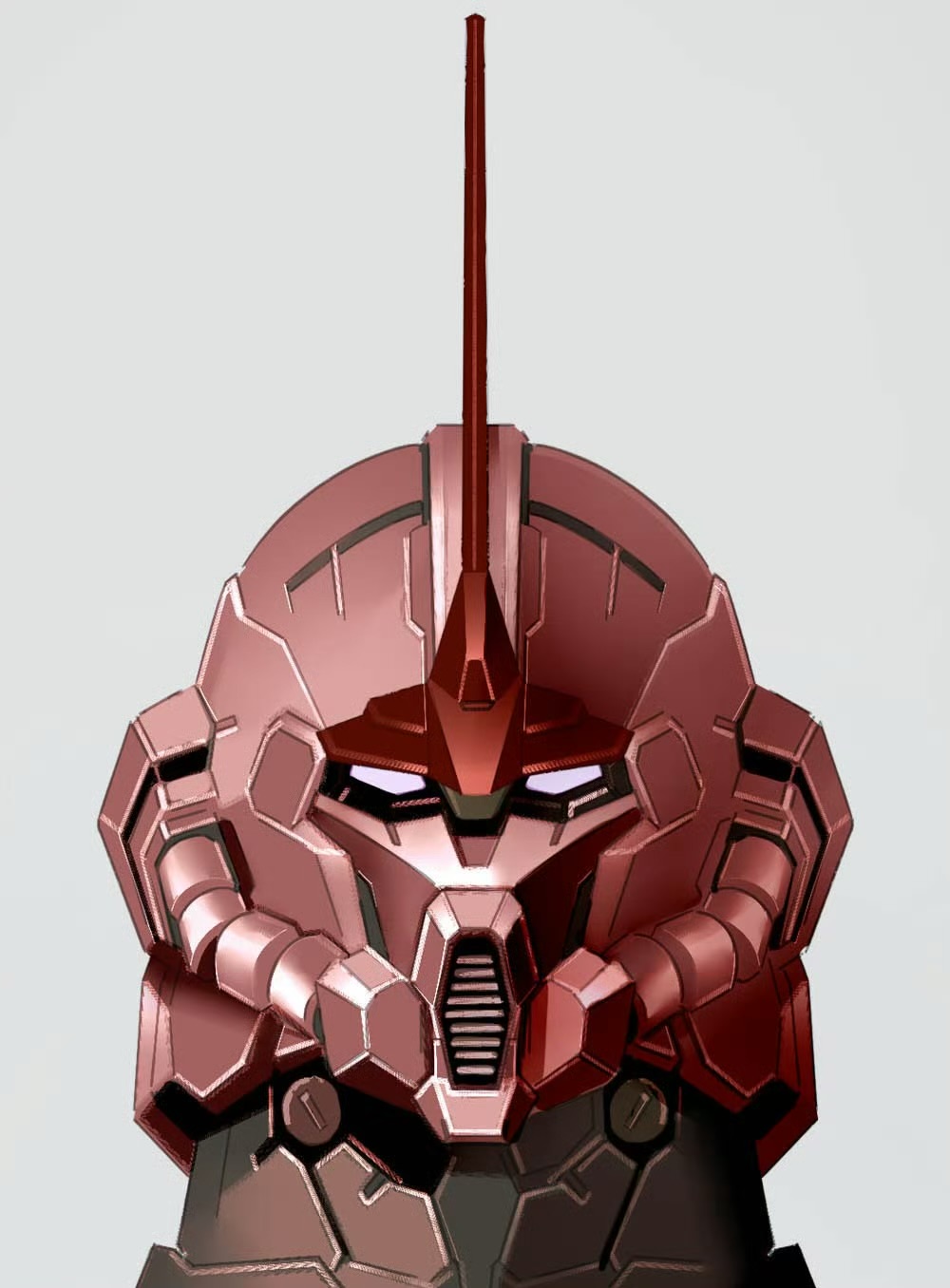 commentary_request grey_background gundam highres horns looking_at_viewer mecha mecha_focus mobile_suit mobile_suit_gundam mosiaz328 no_humans portrait purple_eyes redesign robot science_fiction simple_background single_horn solo zaku_ii_s_char_custom