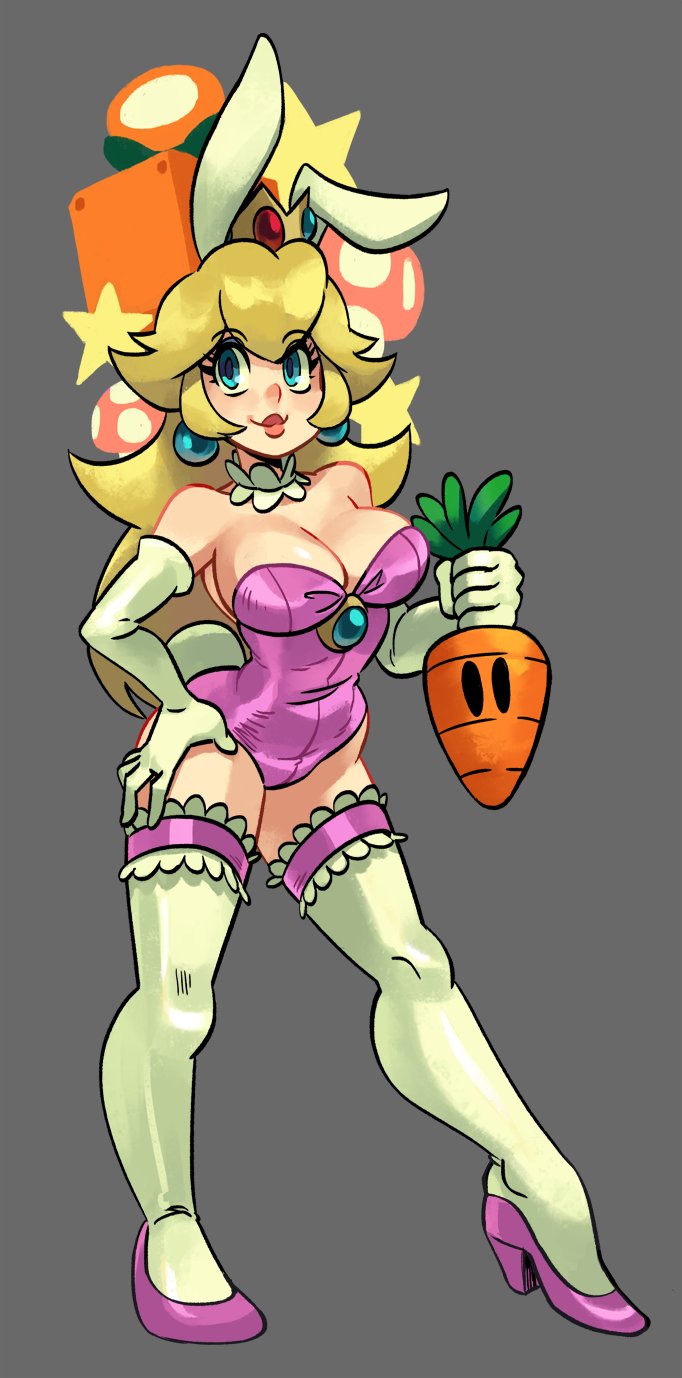 1girl alex_ahad animal_ears blonde_hair breasts carrot carrot_(mario) elbow_gloves fire_flower flower gloves grey_background high_heels highres large_breasts leotard mario_(series) mushroom nintendo pink_leotard pink_shoes playboy_bunny princess_peach rabbit_ears rabbit_tail shoes simple_background smile solo star_(symbol) super_mario_bros._1 super_mario_land_2 tail thighhighs white_gloves white_thighhighs