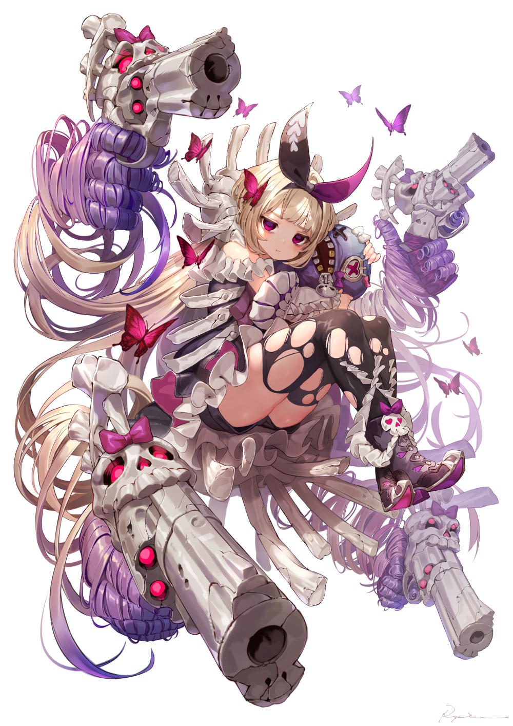 1girl :t absurdly_long_hair ankle_boots banshee_(destiny_child) bare_shoulders black_boots black_bow black_hairband black_shorts blonde_hair blunt_bangs bone boots bow bug butterfly destiny_child female_focus finger_on_trigger full_body gradient_hair gun hair_bow hair_weapon hairband handgun highres holding insect legs_together living_hair long_hair looking_at_viewer multicolored_hair pink_bow polka_dot polka_dot_legwear prehensile_hair purple_bow purple_eyes purple_hair purple_hairband purple_ribbon quadruple_wielding revolver ribbon ryota_(ry_o_ta) shorts sidelocks signature simple_background skull solo thighhighs torn_clothes torn_thighhighs very_long_hair weapon white_background zipper zipper_pull_tab