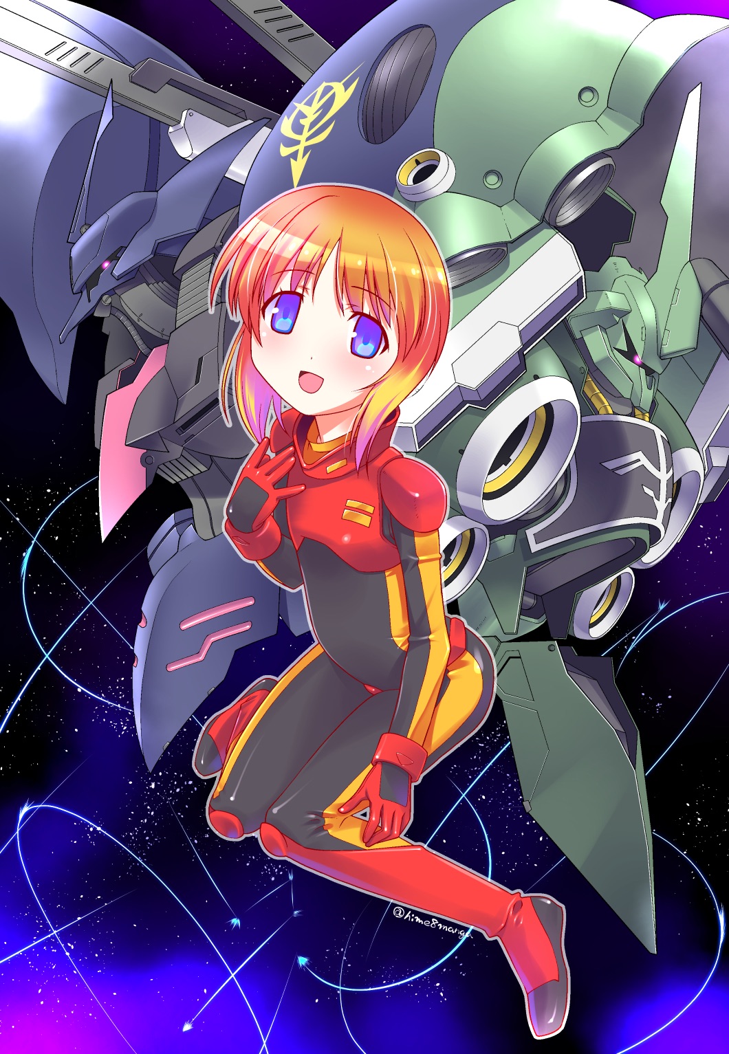 1girl elpeo_puru gundam gundam_unicorn gundam_zz highres kshatriya orange_hair purple_eyes qubeley_mk_ii space tagme