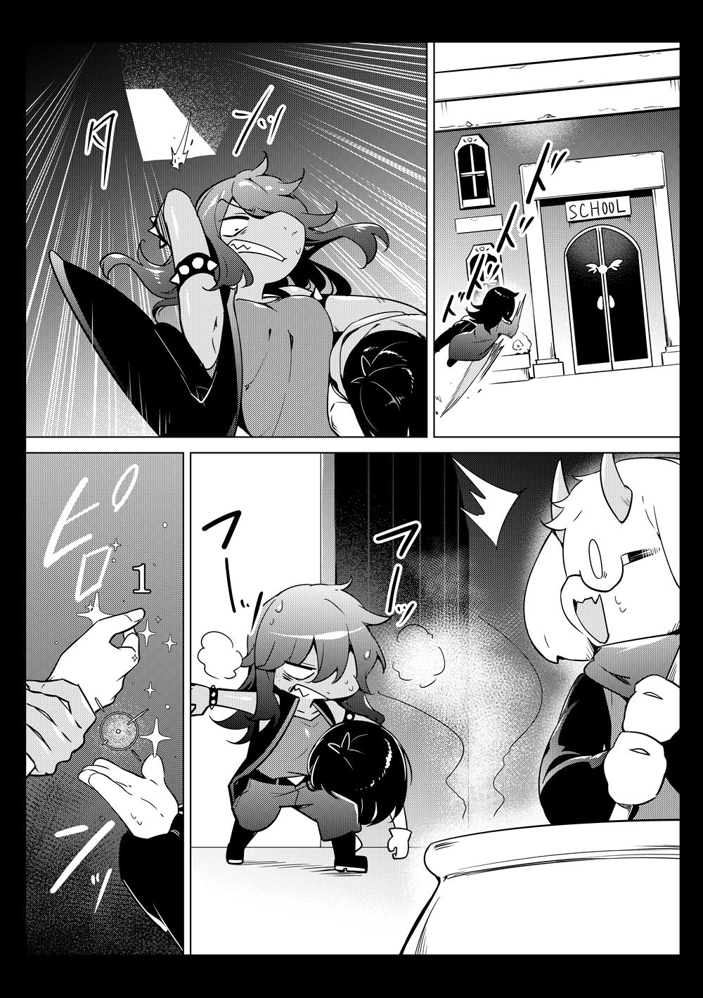 1boy 1girl 1other carrying carrying_under_arm cauldron deltarune falling glasses goat_boy greyscale healing highres hp_nokoketaetouyona kris_(deltarune) magic monochrome ralsei running school studded_armlet susie_(deltarune)
