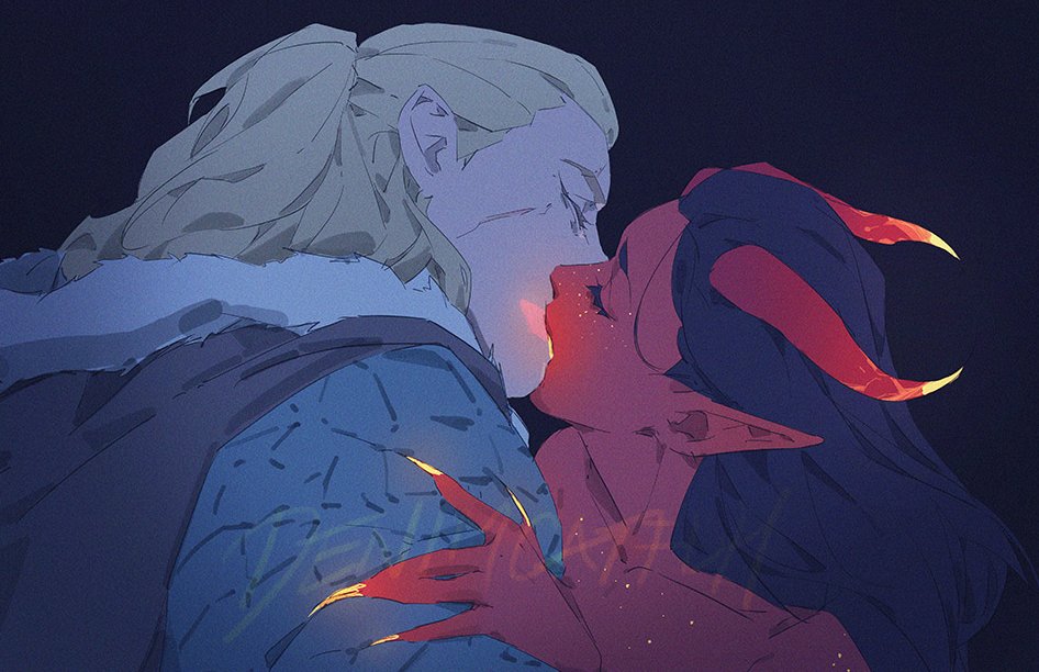 2girls artist_name bare_shoulders black_background black_hair blonde_hair closed_eyes collarbone colored_skin commentary couple demon_horns denimcatfish fingernails french_kiss glowing_horns glowing_nails glowing_tongue horns hug kiss long_fingernails long_hair multiple_girls neck original pointy_ears red_skin sharp_fingernails simple_background straight_hair symbol-only_commentary upper_body x-ray yuri