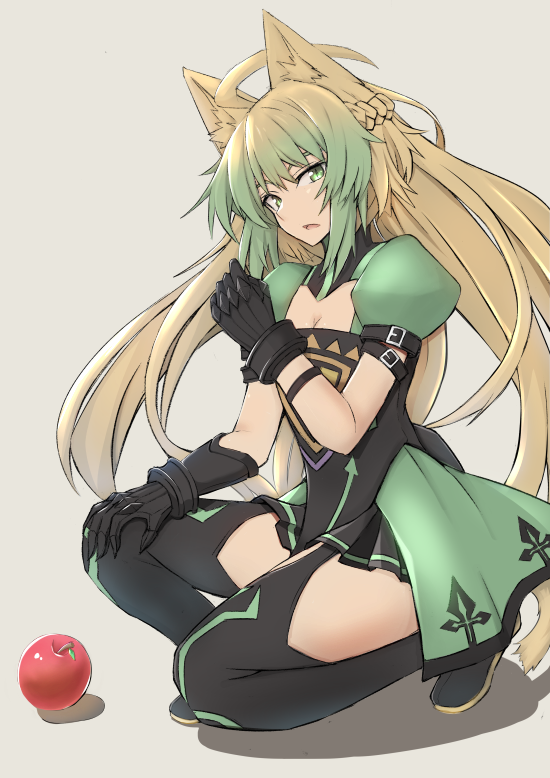 1girl ahoge animal_ears atalanta_(fate) blonde_hair blush braid breasts cat_ears cat_tail cleavage commentary_request fate/apocrypha fate_(series) female_focus gloves gradient_hair green_eyes green_hair hair_between_eyes long_hair looking_at_viewer medium_breasts multicolored_hair nahu open_mouth simple_background solo tail thighhighs two-tone_hair very_long_hair