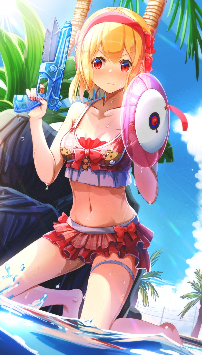 1girl :&lt; aiuabo animal_print barefoot beach bear_print bikini bikini_skirt blonde_hair blue_eyes blue_sky blush bow bow_bikini breasts closed_mouth collarbone commentary_request frilled_bikini frills full_body hair_between_eyes hair_bow hairband hands_up highres holding holding_shield holding_water_gun kneeling medium_breasts multicolored_eyes multiple_hair_bows nail_polish navel original outdoors palm_tree plaid_bikini plaid_clothes print_bikini red_bikini red_bow red_eyes red_hairband red_nails shield sidelocks sky solo stomach swimsuit thigh_strap tree two-tone_eyes v-shaped_eyebrows wading water water_gun