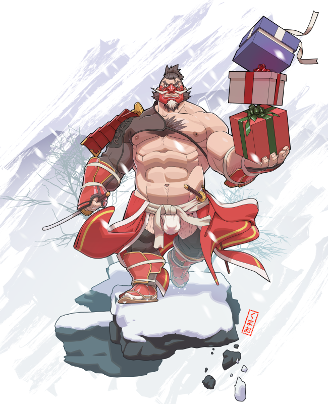 1boy abs armor bara body_fur box christmas clothes_down clothing_cutout covered_penis crotchless crotchless_pants facial_hair facial_hair_through_mask full_body gift gift_box hat holding holding_gift holding_too_many_things igote japanese_armor kumao-caffe large_hands large_pectorals leg_hair loincloth looking_at_viewer male_focus mask mature_male muscular muscular_male mustache mutton_chops navel oni_mask original pants pectorals red_hat santa_costume santa_hat short_hair snowing solo sparse_navel_hair strongman_waist thick_chest_hair thick_eyebrows thick_mustache thigh_cutout walking