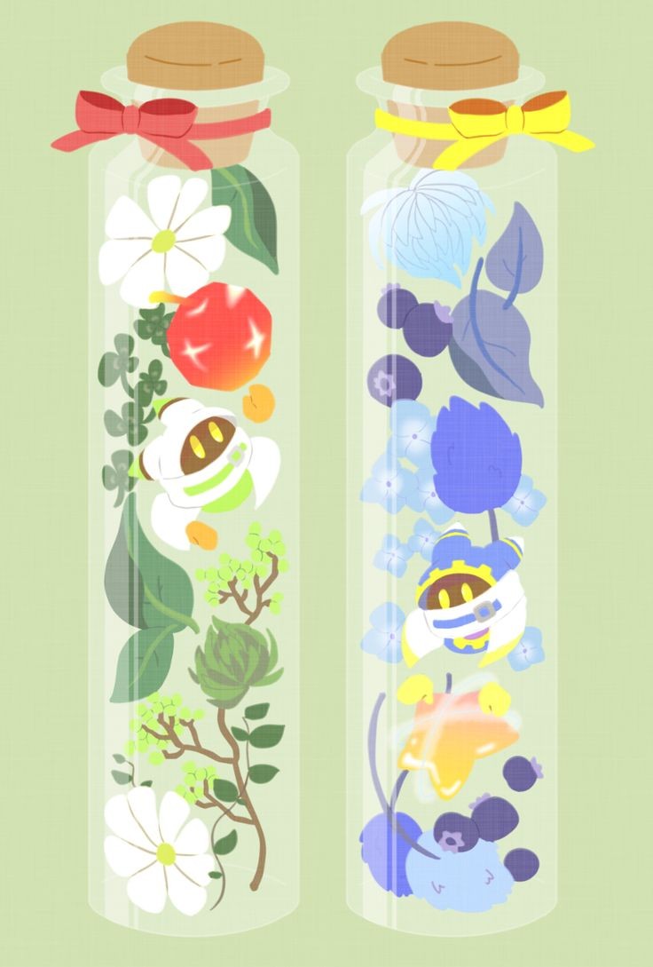 2boys animal_ears bad_id bad_pixiv_id belt belt_buckle belt_collar blue_belt blue_flower blue_hood blueberry bottle bow branch buckle cape clone collar cork covered_mouth daisy_(flower) disembodied_hand flower food fruit gear_print gem_apple gloves green_background green_belt green_vest in_bottle in_container kirby_(series) kissa_fukura leaf magolor multiple_boys nintendo no_humans official_alternate_costume orange_gloves rayman_limbs reaching red_bow scarf solid_oval_eyes star_(symbol) team_kirby_clash_deluxe vest white_cape white_flower white_hood white_scarf yellow_bow yellow_eyes yellow_gloves yellow_trim