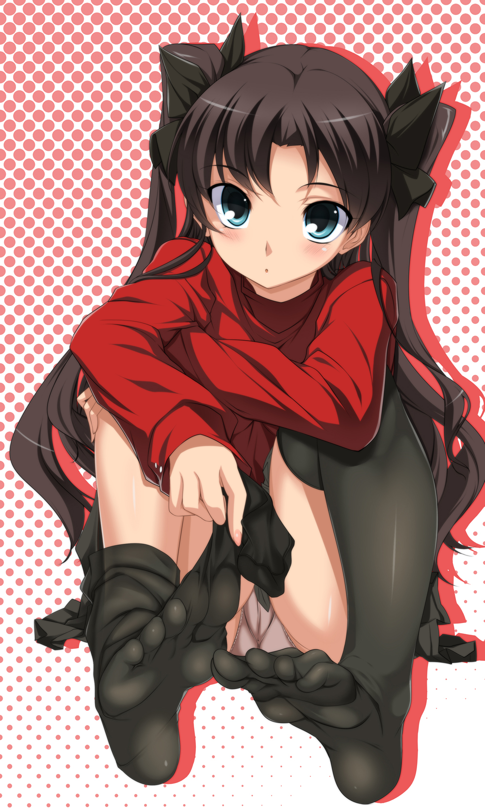 1girl :o black_hair black_thighhighs blue_eyes blush cameltoe fate/stay_night fate_(series) feet female_focus hair_ribbon halftone halftone_background highres long_hair no_shoes panties pantyshot ribbon sitting soles solo thighhighs thighhighs_pull toes tohsaka_rin toron_(mino106) twintails two_side_up underwear very_long_hair