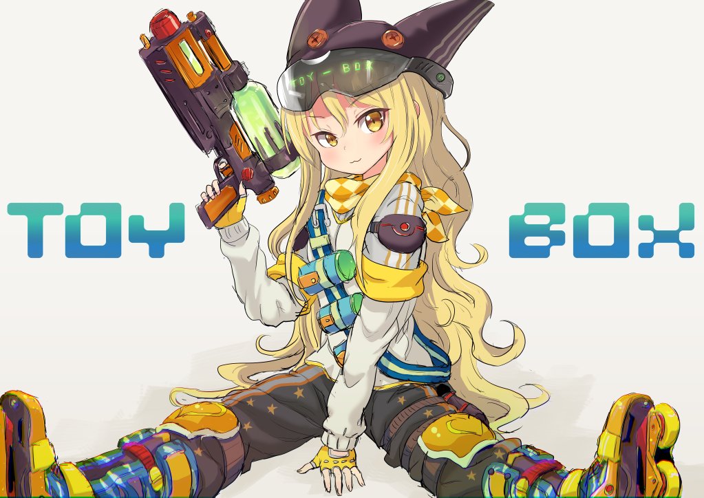 1girl :3 bandana bandana_around_neck bandolier belt black_hat black_pants blonde_hair checkered_bandana commentary_request finger_on_trigger fingerless_gloves gloves goggles goggles_on_head hat holding holding_water_gun inline_skates kabutoyama knee_pads long_hair original pants roller_skates sitting skates smile solo star_(symbol) star_print super_soaker very_long_hair water_gun white_background yellow_eyes yellow_gloves