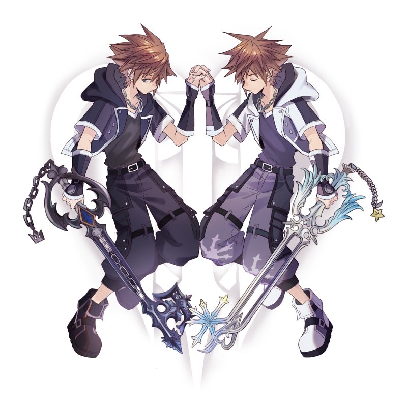 2boys alternate_costume belt black_belt black_boots black_jacket black_pants black_shirt blue_eyes boots brown_hair chain chain_necklace chinese_commentary closed_eyes commentary_request cropped_jacket dual_persona expressionless full_body grey_pants hand_up holding holding_hands holding_weapon jacket jewelry keyblade kingdom_hearts kingdom_hearts_iii logo looking_to_the_side male_focus multiple_boys necklace oathkeeper oblivion_(keyblade) open_clothes open_jacket pants shirt short_hair short_sleeves sora_(kingdom_hearts) spiked_hair symmetry v-neck weapon white_background white_boots white_jacket yurichi_(artist)