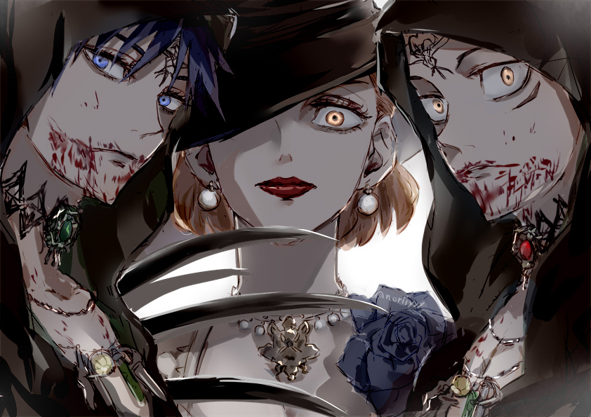 1girl 2boys alcina_dimitrescu alcina_dimitrescu_(cosplay) alternate_costume bela_dimitrescu bela_dimitrescu_(cosplay) black_dress black_hair black_headwear blood blood_from_mouth blue_eyes blue_flower blue_rose breasts brown_eyes brown_hair claws cleavage closed_mouth commentary_request corsage cosplay daniela_dimitrescu daniela_dimitrescu_(cosplay) dress earrings eyelashes facial_mark flower fushiguro_megumi gloves hair_between_eyes hand_up hat hood itadori_yuuji jewelry jujutsu_kaisen kugisaki_nobara large_breasts lipstick looking_at_viewer makeup multiple_boys necklace nori20170709 one_eye_covered pearl_earrings pearl_necklace pink_hair red_lips resident_evil resident_evil_village rose short_hair simple_background spiked_hair weapon white_background white_dress