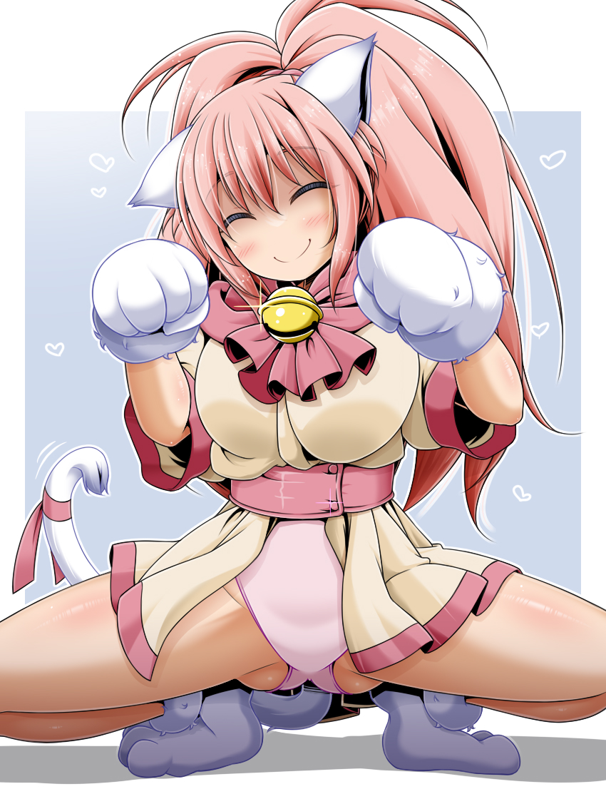 1girl ^_^ animal_ears animal_hands ascot bell blue_background blush breasts cat_ears cat_paws cat_tail closed_eyes closed_mouth dress fang full_body gluteal_fold hair_between_eyes jingle_bell large_breasts leotard long_hair looking_at_viewer melody_sinclair miso_panda paw_pose pink_hair pink_leotard pink_ribbon ponytail ribbon short_sleeves smile solo squatting tail tail_ornament tail_ribbon wide_ponytail yellow_dress yuukyuu_gensoukyoku