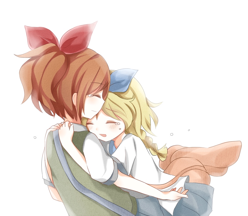 2girls animal_ears backpack bag black_shirt blue_ribbon closed_eyes haru_(yomawari) multiple_girls pleated_skirt ponytail practice_(pixiv_id_21729480) rabbit_ears red_ribbon ribbon school_uniform shin_yomawari shirt short_sleeves shoulder_bag skirt tears white_shirt yomawari_(series) yui_(yomawari)