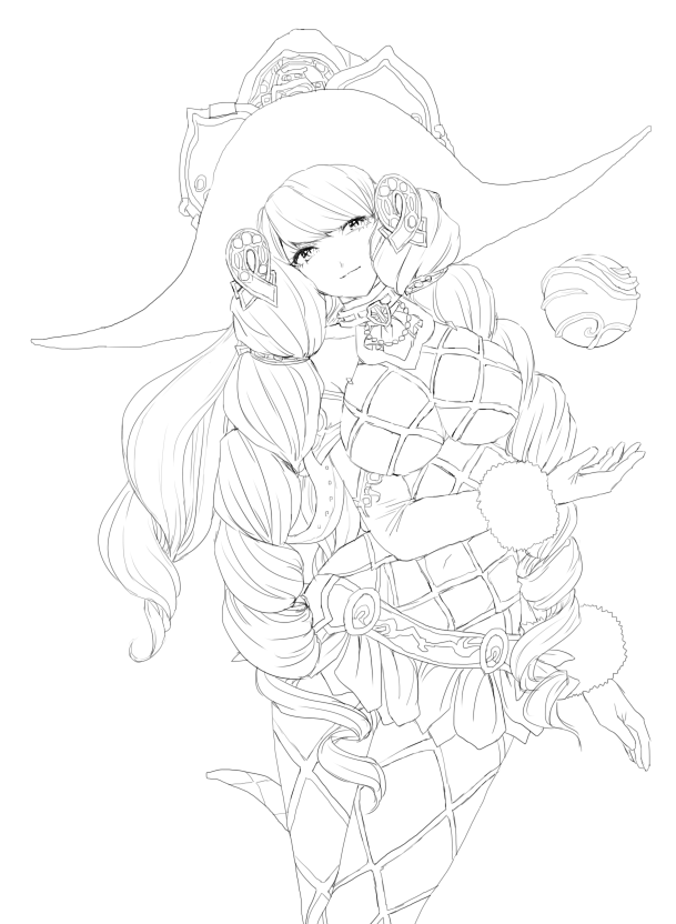 1girl argyle_clothes argyle_cutout argyle_legwear breasts cleavage closed_mouth clothing_cutout drill_hair elbow_gloves fiore_brunelli gloves hair_ornament hat jewelry large_breasts long_hair looking_at_viewer microskirt monochrome murata_tefu revealing_clothes simple_background skirt smile solo star_ocean star_ocean_integrity_and_faithlessness tail twin_drills white_background witch_hat