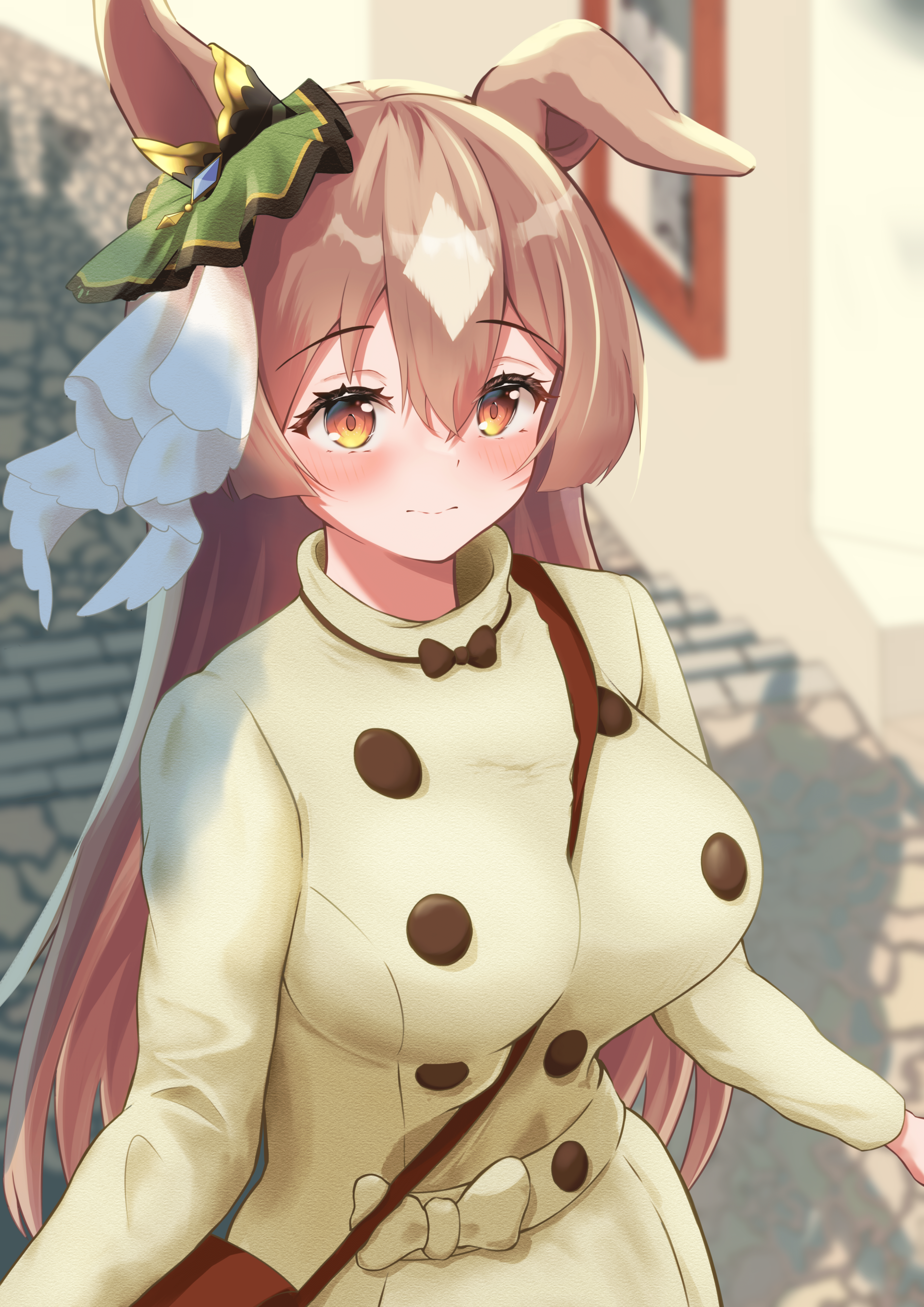1girl absurdres alternate_costume animal_ears between_breasts blush bow breasts brown_bag brown_bow buttons commentary_request day double-breasted hair_between_eyes highres horse_ears horse_girl long_hair multicolored_hair outdoors p1_fcoyaa satono_diamond_(umamusume) shadow single_ear_down smile solo strap_between_breasts streaked_hair sweat umamusume upper_body white_hair yellow_eyes