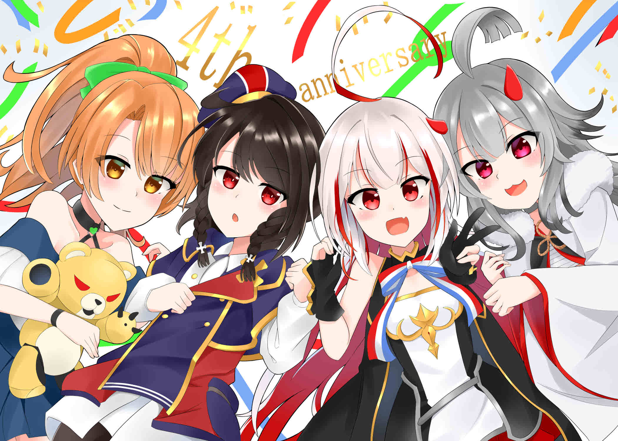 4girls ahoge azur_lane black_hair blush commentary_request english_text fang gloves grey_hair hibiki_(azur_lane) highres horns jack_(hosuhosu) long_hair morrison_(azur_lane) multiple_girls open_mouth orange_hair red_eyes vauquelin_(azur_lane) z2_georg_thiele_(azur_lane)