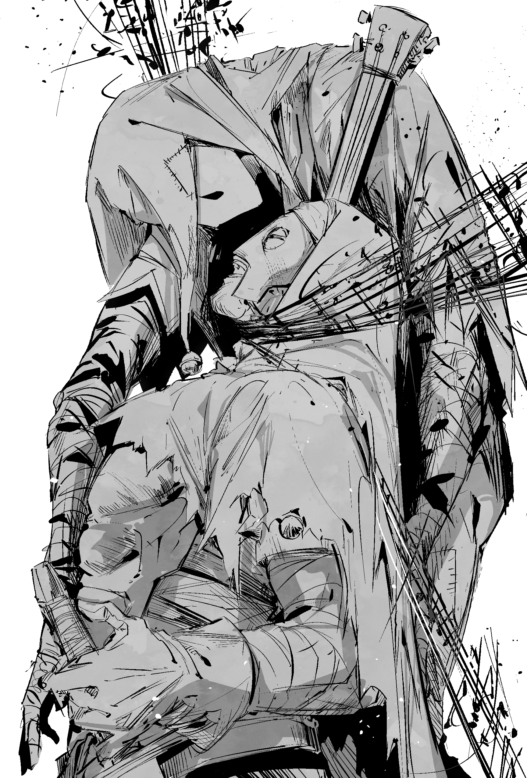 2boys 6cheetah absurdres arm_wrap cloak darkest_dungeon eye_contact gloves greyscale highres instrument jester_(darkest_dungeon) leper_(darkest_dungeon) looking_at_another lute_(instrument) male_focus mask monochrome multiple_boys musical_note open_mouth profile simple_background sketch musical_staff sword teeth torn_cloak torn_clothes weapon white_background