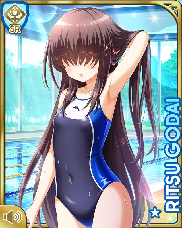 1girl :o bare_legs barefoot black_hair blue_one-piece_swimsuit card_(medium) character_name day girlfriend_(kari) godai_ritsu green_eyes hair_over_eyes indoor_pool indoors long_hair official_art one-piece_swimsuit open_mouth qp:flapper swimsuit tagme very_long_hair