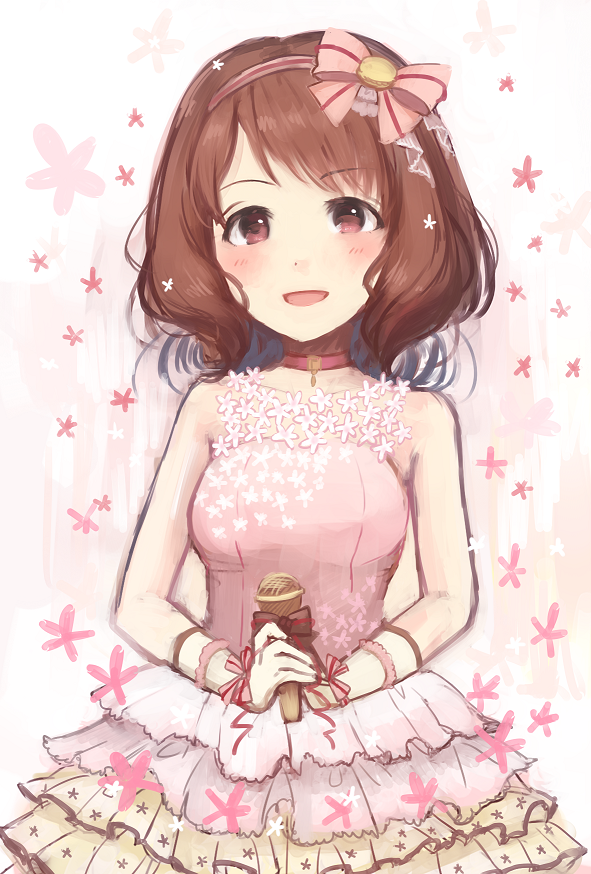 10s 1girl bare_shoulders bow brown_eyes brown_hair dress female_focus flower hairband idolmaster idolmaster_cinderella_girls lvetica microphone nagatomi_hasumi open_mouth short_hair smile solo