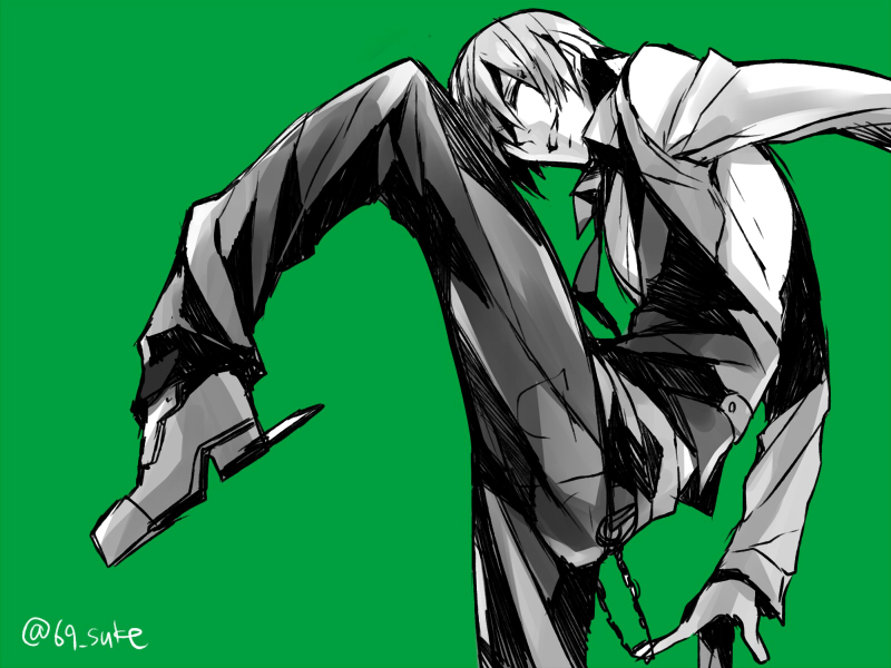 1boy blazblue closed_eyes concealed_weapon green_background hazama heel_blade kaneaki_mukku male_focus monochrome necktie no_headwear short_hair solo standing standing_on_one_leg twitter_username vest waistcoat weapon
