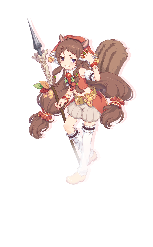 1girl animal_ears bandana bare_shoulders bell belt bracelet brown_hair drop_shadow food frilled_thigh_strap full_body gold_bracelet grey_shorts grin hair_ornament hair_scrunchie hand_up holding holding_food holding_polearm holding_weapon jewelry jingle_bell long_hair looking_at_viewer low_twintails nut_(food) official_art polearm princess_connect! puffy_shorts purple_eyes red_bandana red_scrunchie red_shirt rin_(princess_connect!) scrunchie shirt shorts simple_background sleeveless sleeveless_shirt smile solo squirrel_ears squirrel_girl squirrel_tail standing tachi-e tail teeth thigh_strap thighhighs transparent_background twintails v-shaped_eyebrows very_long_hair weapon white_thighhighs