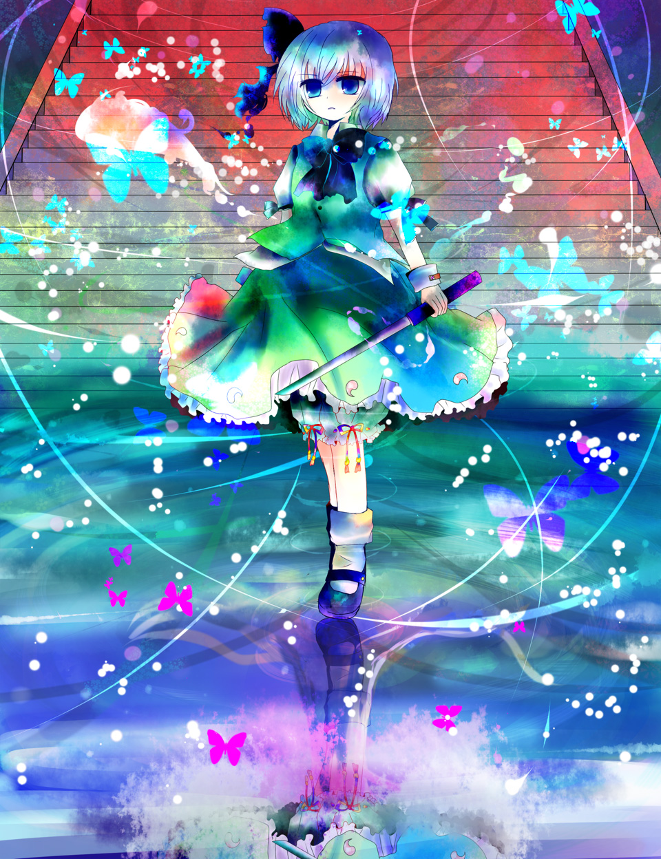 1girl bad_id bad_pixiv_id bloomers blue_eyes bug butterfly chokuto colorful female_focus floating_clothes hairband highres hitodama holding holding_sword holding_weapon insect katana kazu_(muchuukai) konpaku_youmu konpaku_youmu_(ghost) reflection reflective_water ribbon shirasaya short_hair silver_hair solo stairs standing sword touhou underwear wakizashi weapon