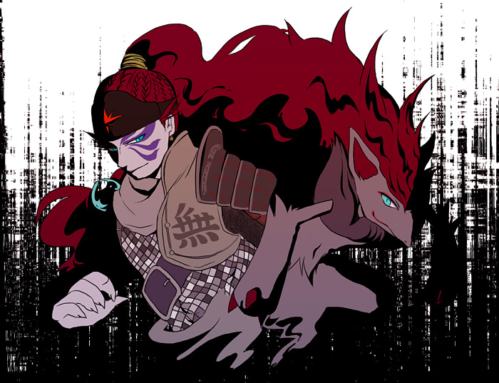 1boy armor colored_skin facepaint fuuma_kotarou game_freak gen_5_pokemon grey_skin kotaro_fuuma long_hair male_focus nintendo pokemon pokemon_conquest ponytail red_hair sengoku_musou zoroark