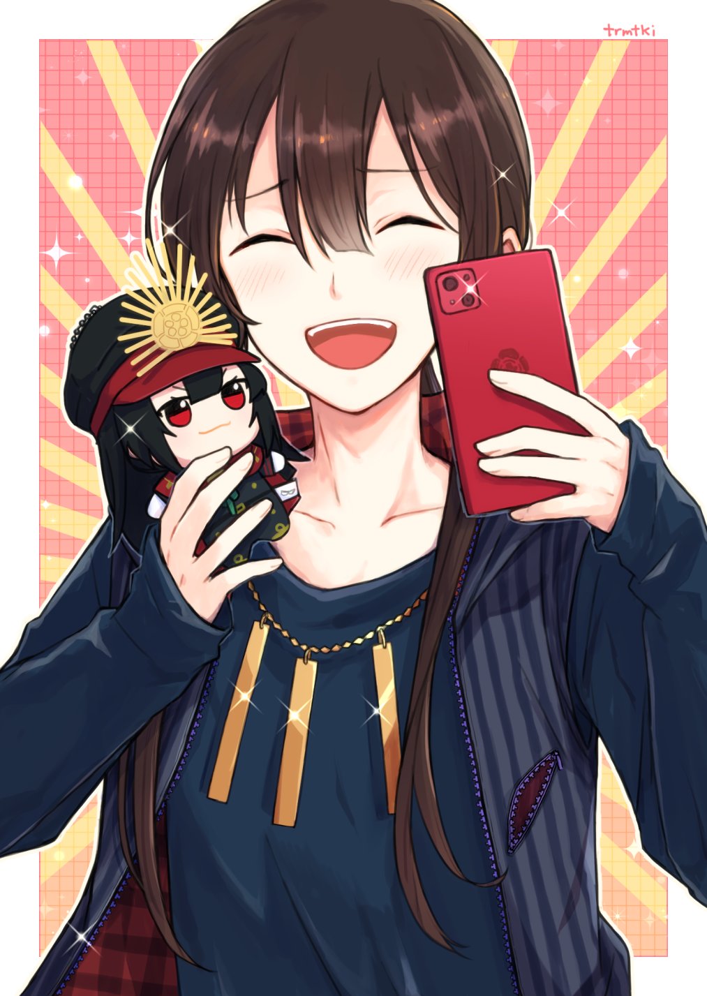 1boy :3 :d black_hair black_hat black_shirt blue_hoodie border brown_hair center-flap_bangs chain character_doll closed_eyes collarbone crest doll family_crest fate/grand_order fate_(series) gold_chain grid_background hair_between_eyes happy hat highres holding holding_doll holding_phone hood hood_down hoodie light_rays long_hair low_ponytail military_hat military_uniform oda_nobukatsu_(fate) oda_nobukatsu_(tour_outfit)_(fate) oda_nobunaga_(fate) oda_uri open_mouth outside_border peaked_cap phone plaid_clothes ponytail raised_eyebrows red_background red_eyes selfie shirt sidelocks siscon sleeves_past_wrists smile sparkle striped_clothes striped_hoodie teeth teramoto_kei twitter_username upper_body upper_teeth_only v-neck v-shaped_eyebrows white_border yellow_background zipper