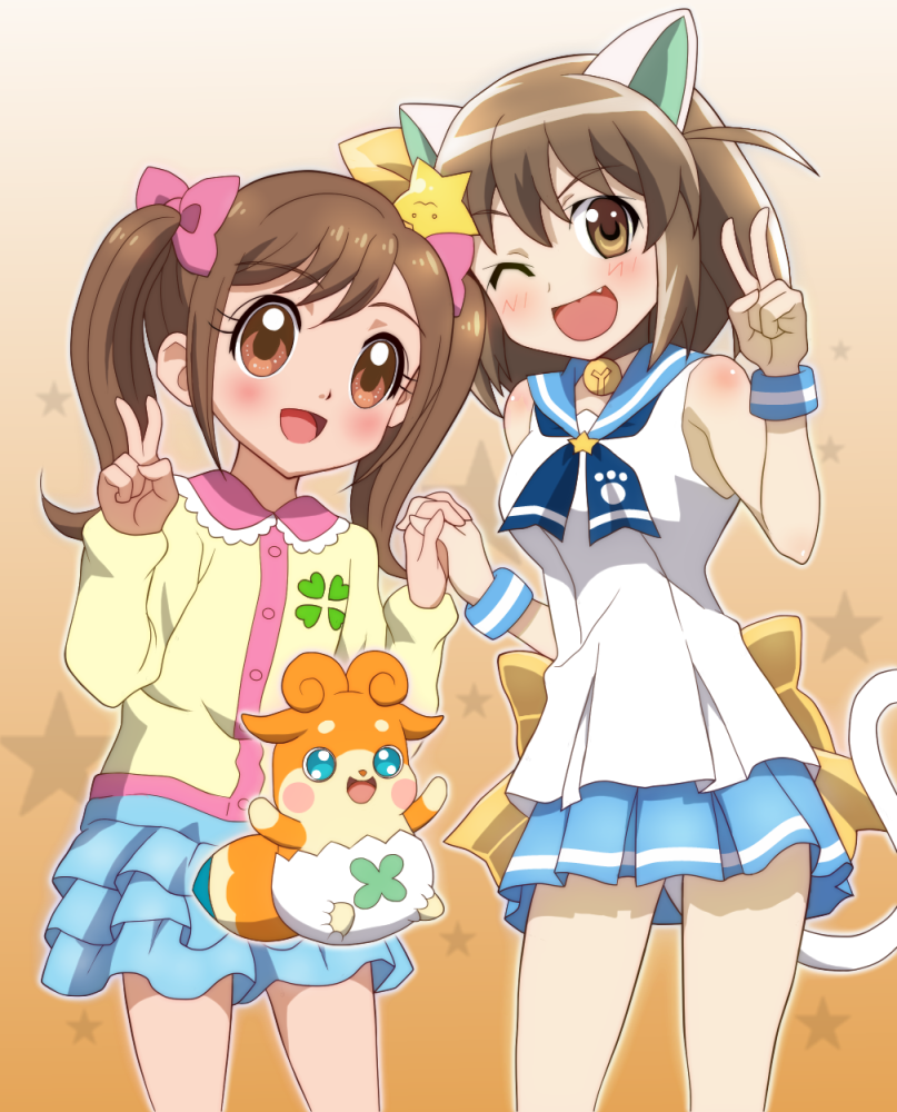 2girls blue_skirt brown_hair cocotama_(series) etotama kamisama_minarai:_himitsu_no_cocotama multiple_girls nyaa-tan skirt twintails v yotsuba_kokoro