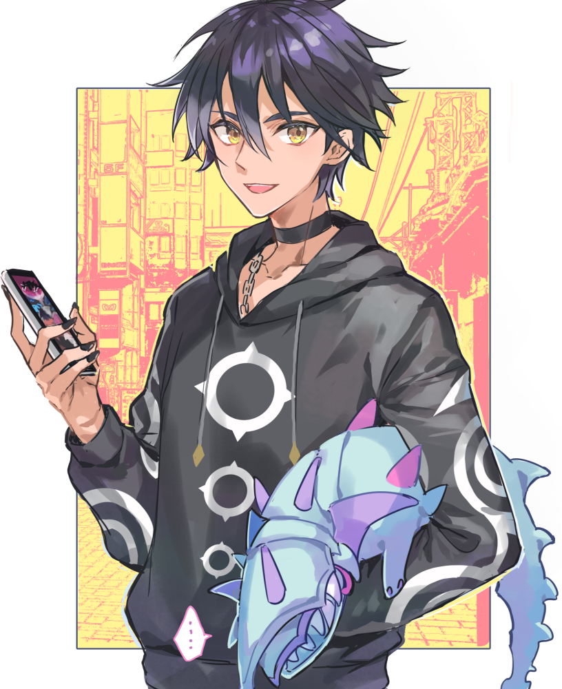 1boy black_choker black_hair black_hoodie choker dark-skinned_male dark_skin hair_between_eyes holding holding_phone hood hoodie jewelry male_focus megido72 necklace open_mouth phone poppoman short_hair smile solo solomon_(megido72) upper_body yellow_eyes