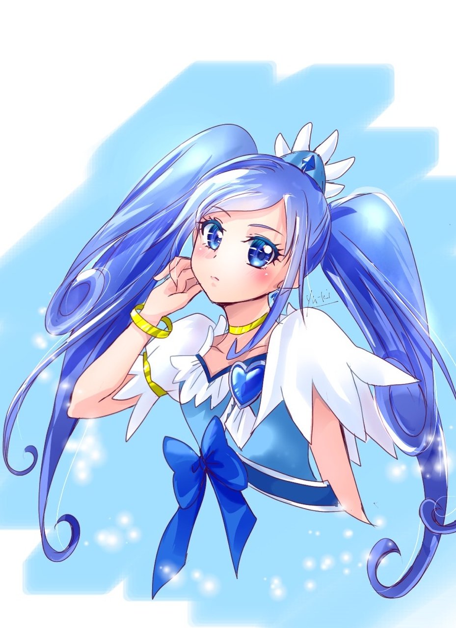 1girl alternate_hairstyle blue_background blue_bow blue_eyes blue_hair blush bow brooch choker collarbone crystal_earrings cure_diamond dokidoki!_precure earrings gradient_background hair_ornament heart heart_brooch highres hishikawa_rikka jewelry long_hair looking_at_viewer magical_girl manekineko5319 ponytail precure solo twintails twintails_day upper_body waist_bow yellow_choker