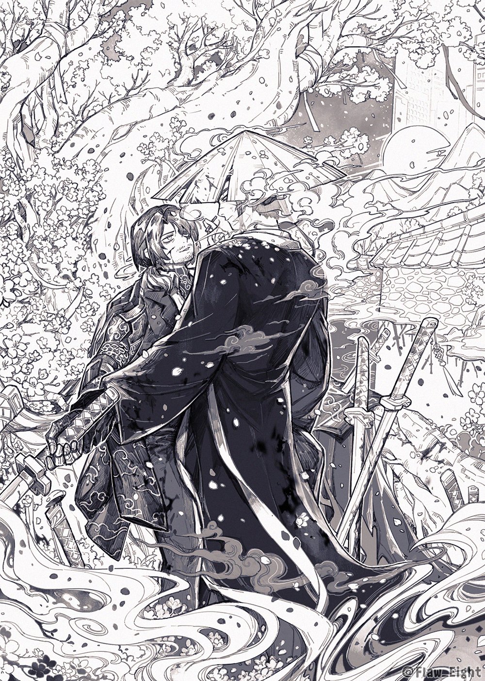 2boys blade_lineage_(identity)_(project_moon) coat egasumi flaw_eight flower full_body gregor_(project_moon) greyscale hat highres holding_hands katana kurokumo_clan_(identity)_(project_moon) limbus_company long_sleeves low_ponytail mechanical_hands meursault_(project_moon) monochrome mountain multiple_boys parted_bangs ponytail project_moon rice_hat single_mechanical_hand sword tree weapon