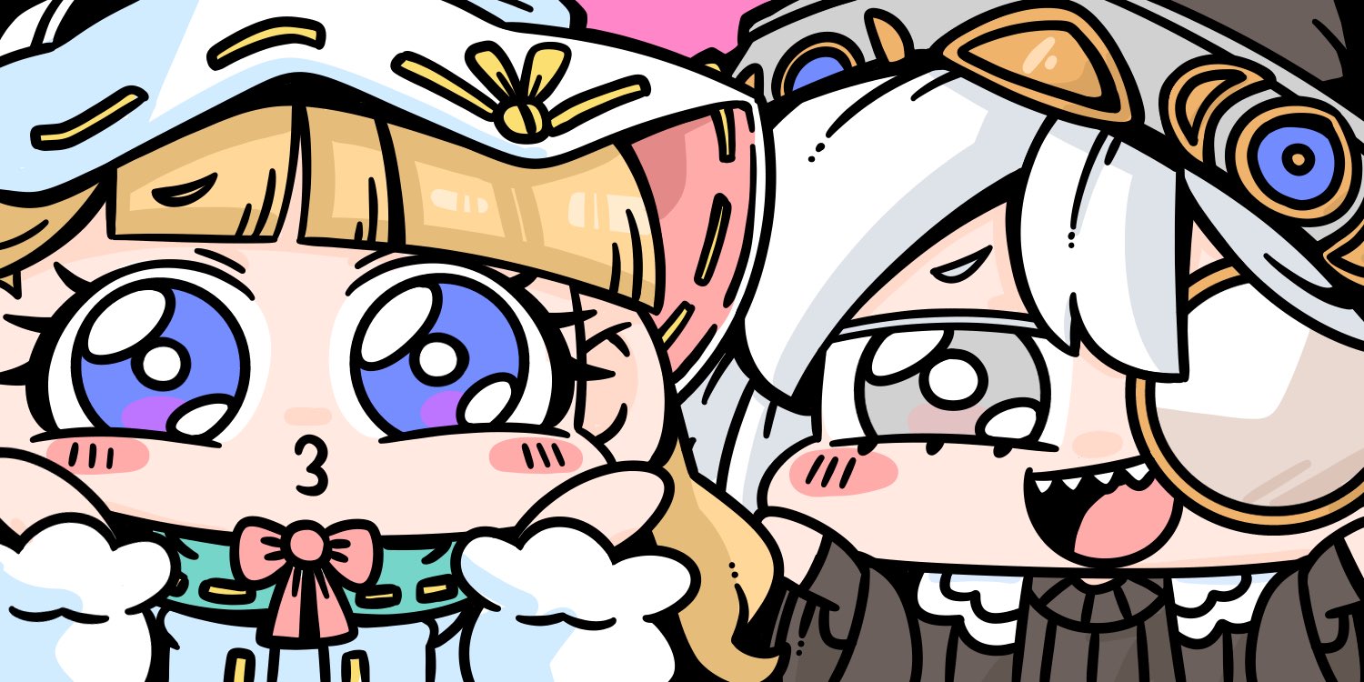 2girls astellar_of_the_white_forest blonde_hair blue_eyes blunt_bangs buraninn chibi diabellstar_the_black_witch diabellze_the_original_sinkeeper duel_monster elzette_of_the_white_forest grey_eyes hat laughing looking_at_viewer monocle multiple_girls portrait sharp_teeth smile teeth white_hair witch_hat yu-gi-oh!