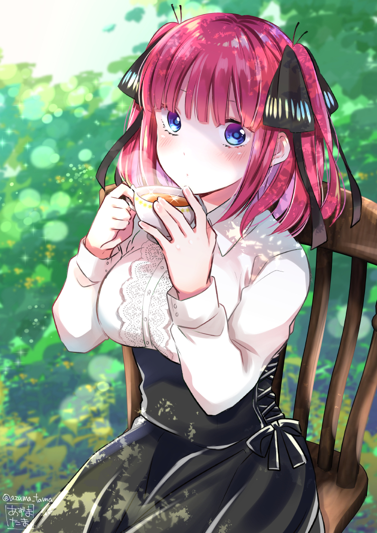 1girl black_bow black_ribbon black_skirt blowing_steam blue_eyes blunt_bangs blush bow breasts butterfly_hair_ornament chair cup eyebrows_hidden_by_hair frilled_skirt frills go-toubun_no_hanayome hair_ornament high-waist_skirt holding holding_cup lace large_breasts looking_at_viewer nail_polish nakano_nino norarikurari333 parted_lips pink_hair plant ribbon shirt sitting skirt steam tea teacup twintails white_shirt