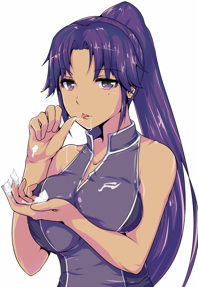 1girl alternate_costume asuka_(dream_c_club_zero) bad_id bad_pixiv_id bare_shoulders breast_press breasts collarbone cream cupping_hand dark-skinned_female dark_skin dream_c_club dream_c_club_(series) dream_c_club_zero eon_(bottomline) fellatio_gesture female_focus green_eyes large_breasts long_hair messy mole ponytail purple_eyes purple_hair saliva saliva_trail sexually_suggestive simple_background solo tomohiro_kai tongue tongue_out