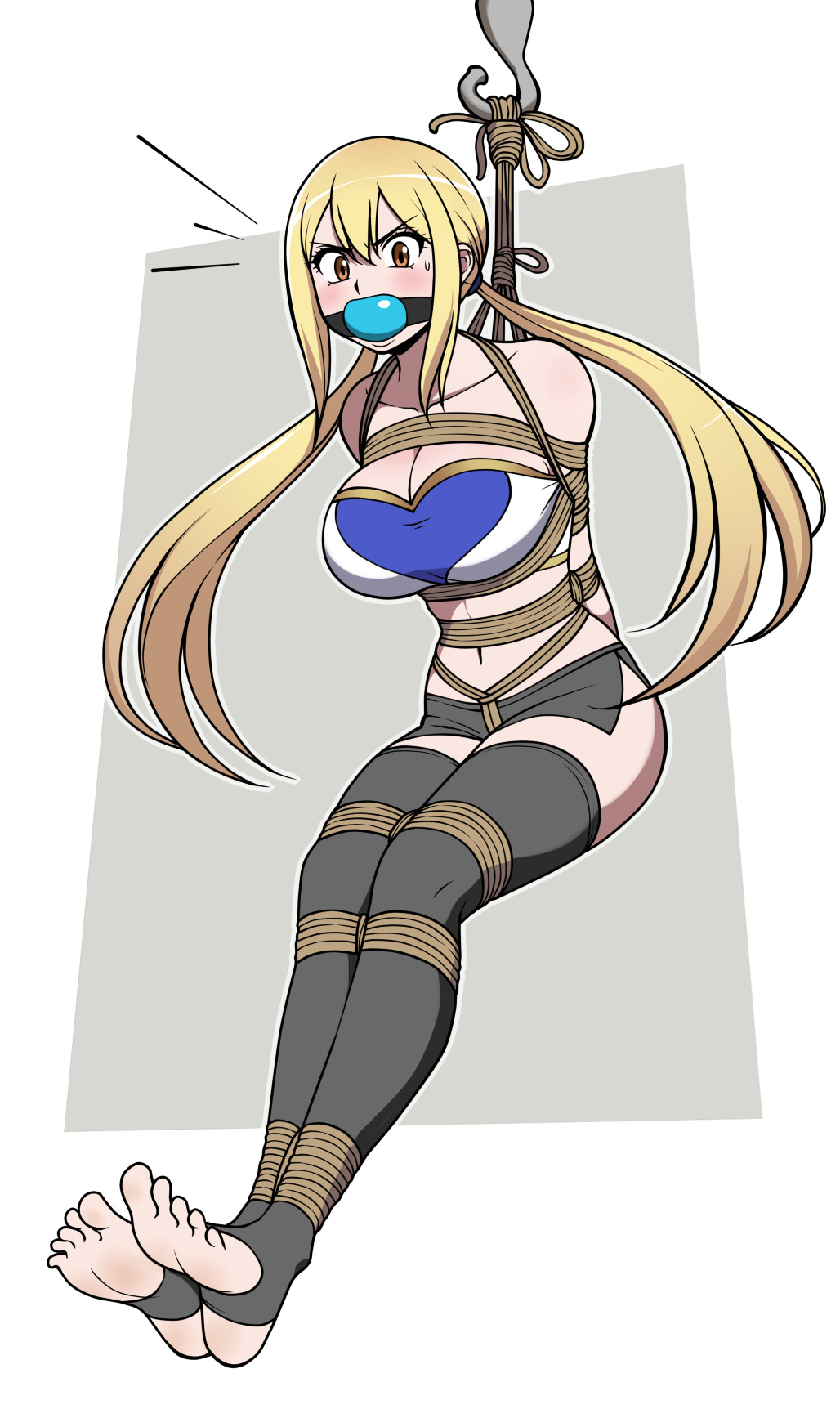 1girl ball_gag bdsm bondage bound breasts cleavage fairy_tail female_focus gag gagged highres jam-orbital lucy_heartfilia rope solo