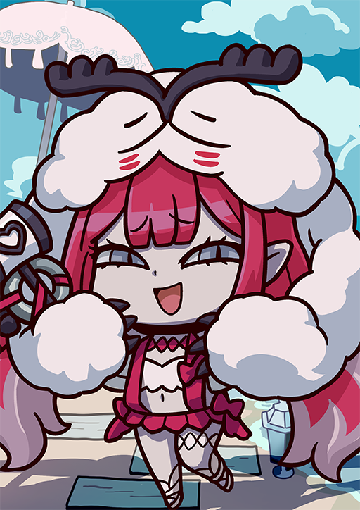 1girl baobhan_sith_(fate) baobhan_sith_(swimsuit_pretender)_(first_ascension)_(fate) beach camisole cernunnos_(fate) character_hood chibi fate/grand_order fate_(series) full_body grey_eyes hammer hand_up headwear_with_attached_mittens jacket long_hair looking_at_viewer navel official_art pink_hair pink_skirt pointy_ears riyo_(lyomsnpmp) sidelocks skirt smile solo third-party_source white_camisole white_jacket