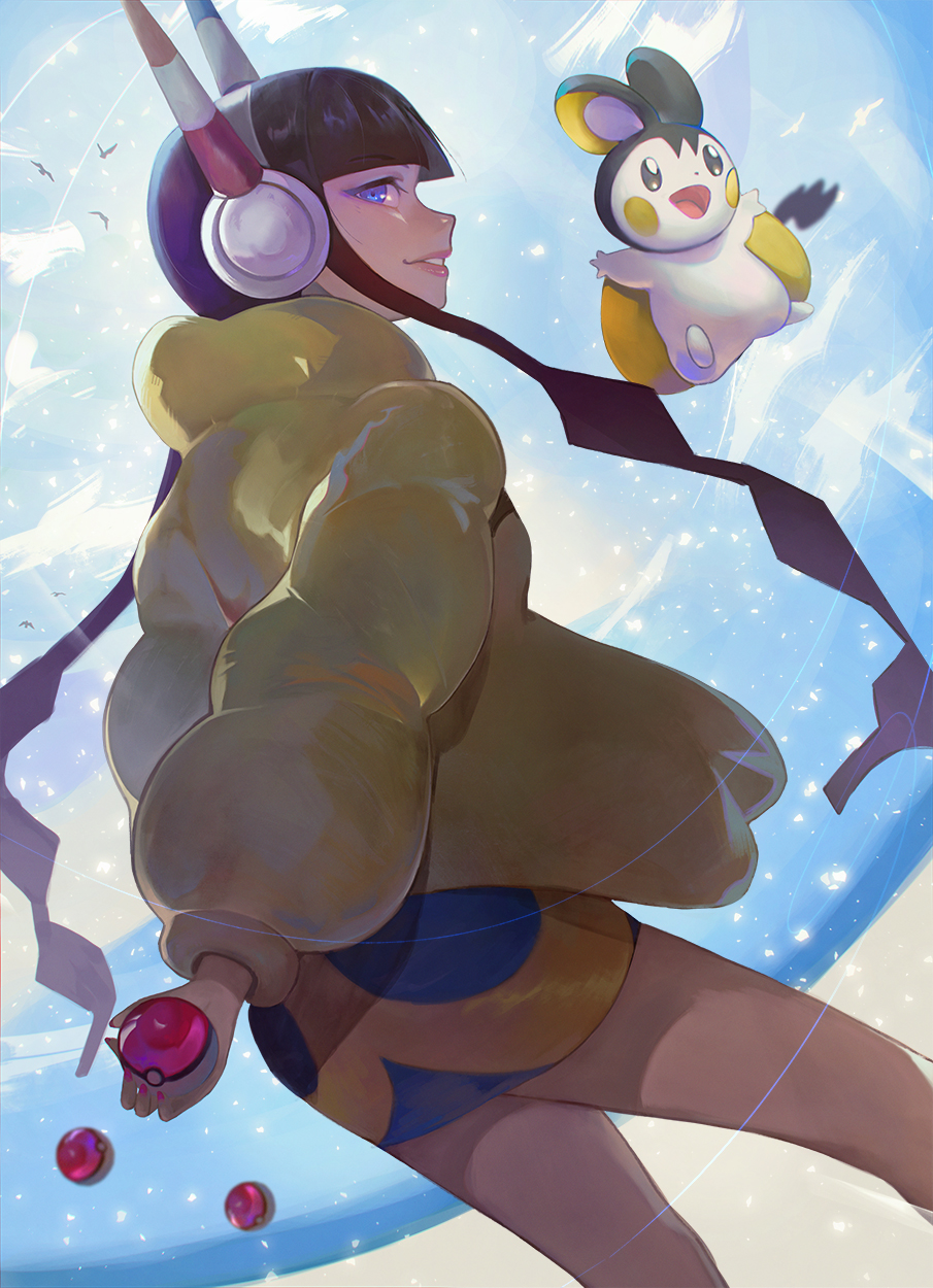 1girl aekutie animal_ears black_hair blue_sky coat elesa_(pokemon) emolga flying fur-trimmed_coat fur_trim gen_5_pokemon headphones highres holding holding_poke_ball mouse_ears nintendo outdoors poke_ball pokemon pokemon_bw2 sky twintails wings yellow_coat