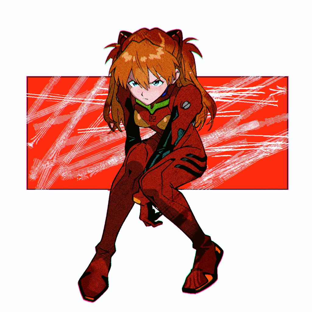1girl arm_between_legs blue_eyes bodysuit frown hair_between_eyes hair_ornament kirajoesta720 long_hair looking_at_viewer mecha_pilot_suit neon_genesis_evangelion orange_hair plugsuit_(evangelion) red_background red_bodysuit sitting solo souryuu_asuka_langley striped_background striped_bodysuit two-tone_background white_background