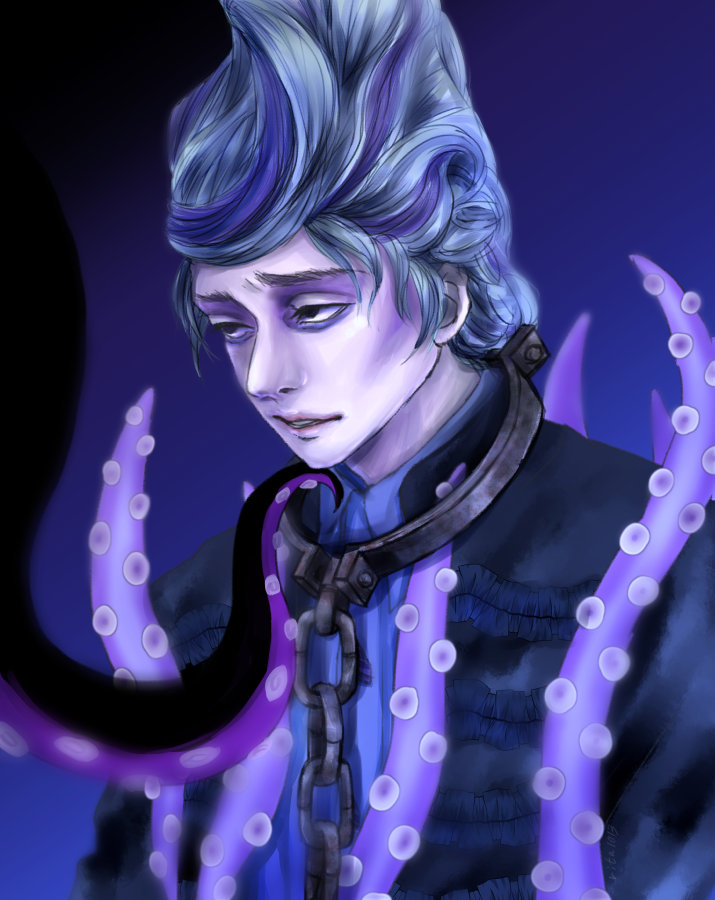 1boy 8-foot_joe black_eyes blue_background bow collar disneyland grey_hair male_focus medium_hair pale_skin recruiters_(disney) star-dust tentacles the_little_mermaid_(disney) upper_body ursula_(disney)