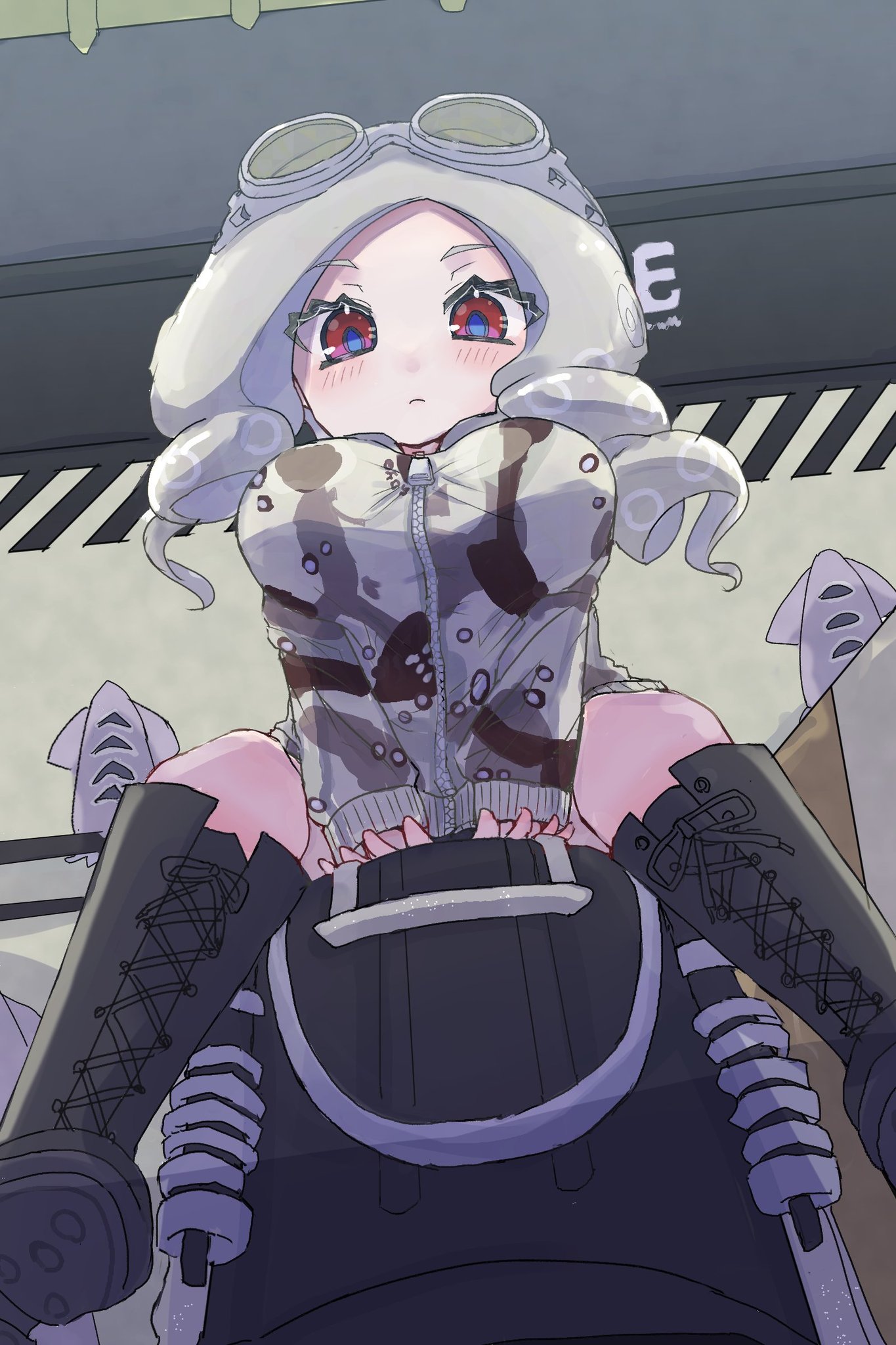 1girl black_boots bloblobber_(splatoon) boots breasts camouflage camouflage_jacket curly_hair goggles goggles_on_head highres jacket large_breasts looking_at_viewer nintendo octoling octoling_girl octoling_player_character rabimero red_eyes shorts sitting sitting_on_weapon solo solo_focus splatoon_(series) splatoon_3 tentacle_hair tentacles weapon white_hair zipper